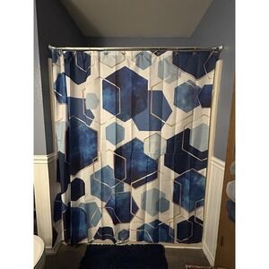 Abstract Blue & Gold Shower Curtain With Bow Golf Hooks Waterproof Bathroom Set